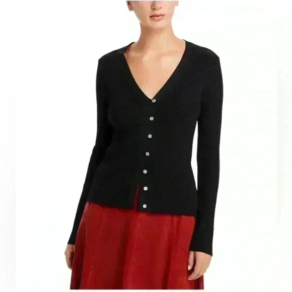 T Tahari Stretchy Viscose Blend Knit Ribbed Cardigan V Neck Sweater Size XS - Picture 1 of 14